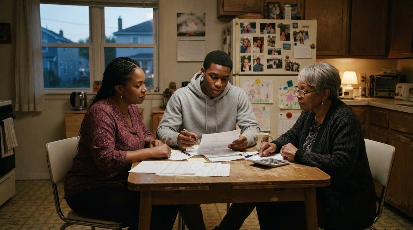 A young athlete going over his contract with his mother and grandmother at the kitchen table