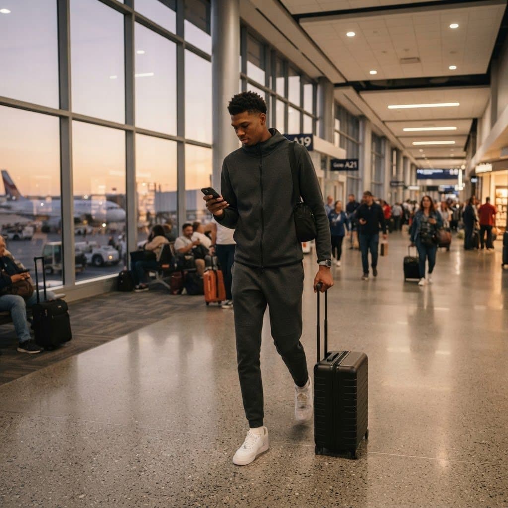Young basketball player walking through an airport with his suitcase