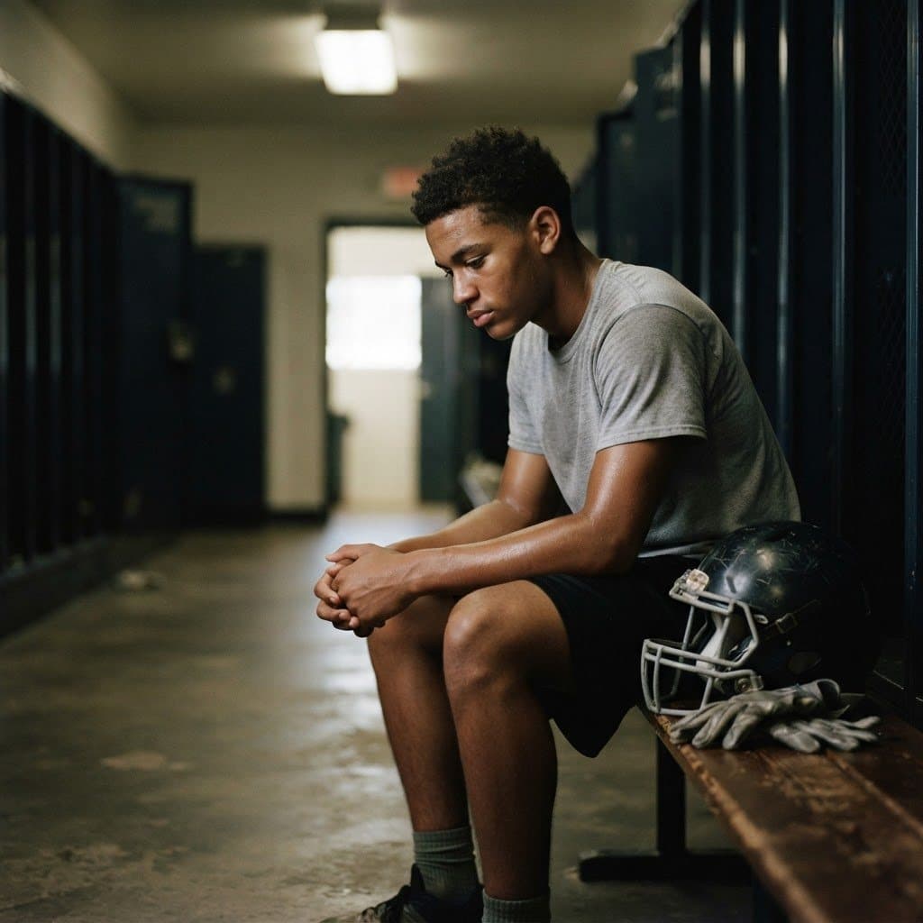 Young football player sitting alone in a locker room