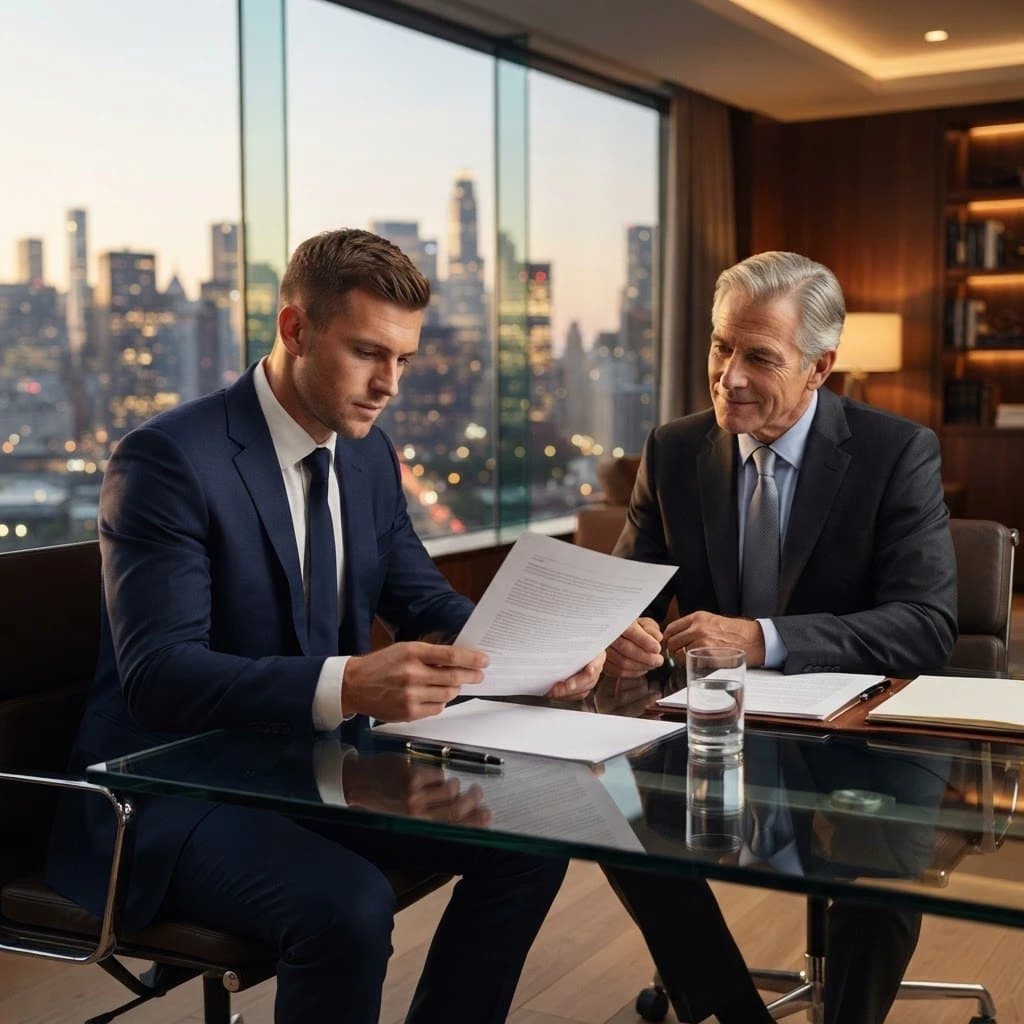 An athlete reading through a contract with a lawyer