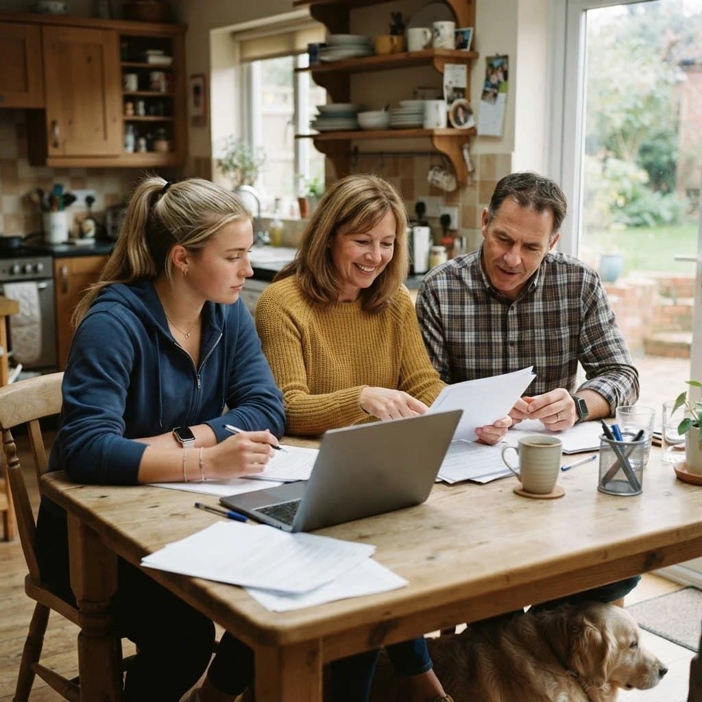 A college athlete and her parents reading an NIL deal at the kitchen table